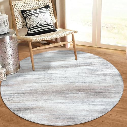 KOZYFLY Modern Abstract Round Area Rug 3Ft, Washable Kitchen Rug Non-Slip Soft Small Bathroom Circle Rug, Beige Striped Entryway Rugs Print Faux Wool Doormat for Bedside Entrance Bedroom Sink