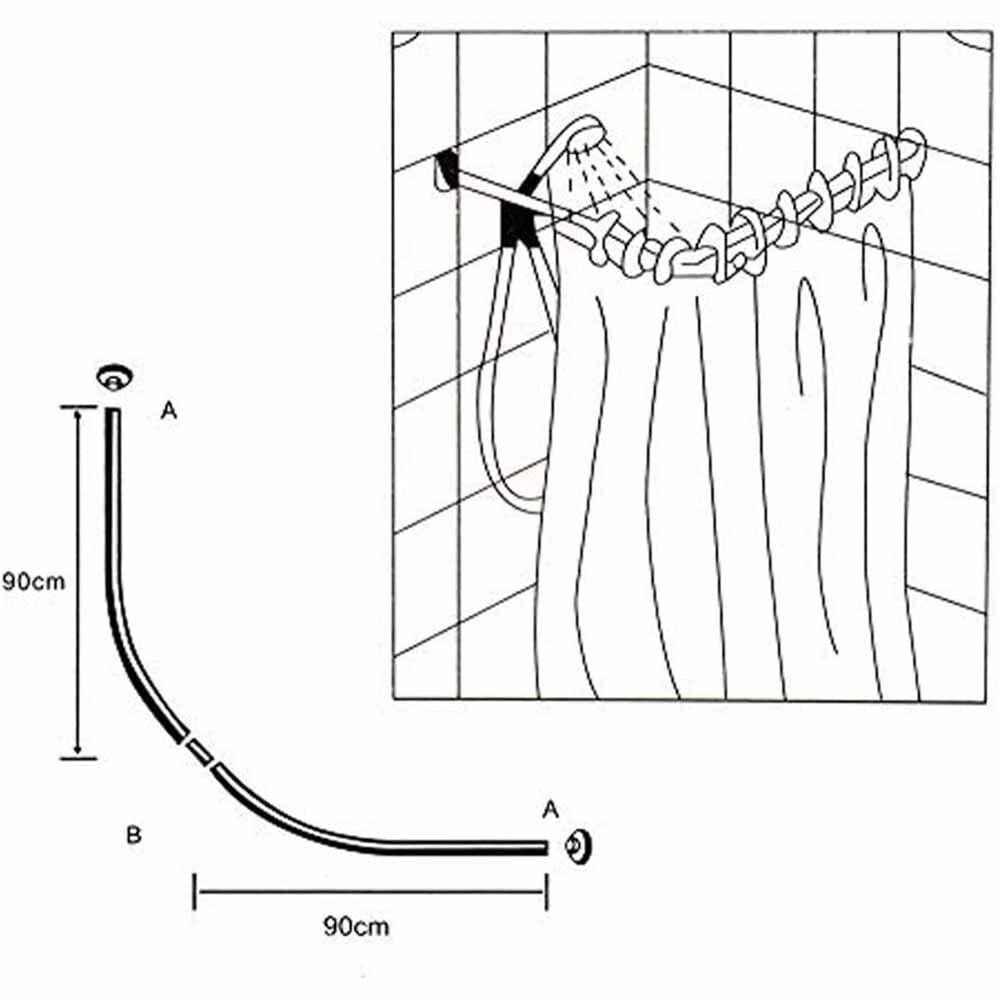 Asta per Tenda da Doccia a Forma di C, angolare 90x90 cm, Spessore 22mm, in Metallo Verniciato Bianco, Fissaggio a Parete, per Bagno, camerino, spogliatoio