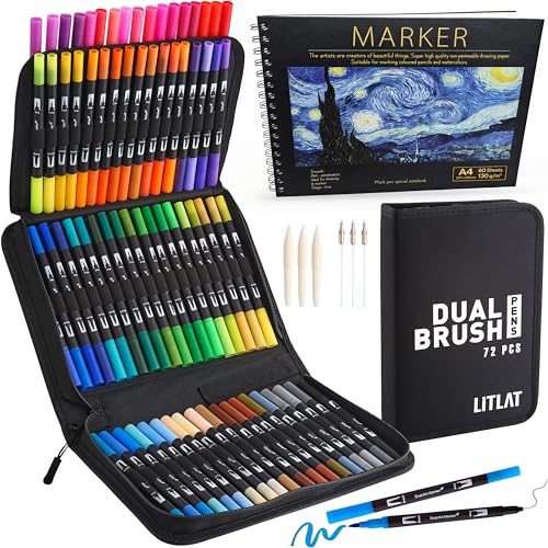 Litlat 72 Colouring Pens Set - Dual Tip Brush & Fineliner Marker Pens with an A4 Hardback Artist Marker Pad - Adult Colouring Pens for Calligraphy Drawing Sketching
