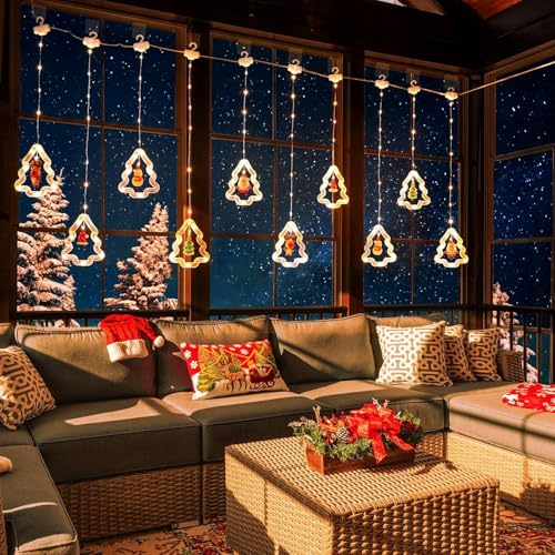Image of HashWOW 10 Tree Lights 120 LED Christmas Curtain Light Decorations Indoor /Outdoor, Battery Operated Waterproof String Lights, Christmas Window Lights Decor