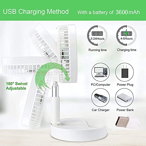 Ventilateur de bureau portable, pliable, sur pied, hauteur réglable de 36,1 cm à 99,1 cm, 4 vitesses et réglages de l'heure, batterie rechargeable 7200 mAh, charge USB oscillante télescopique (blanc) – Image 4