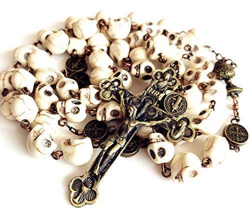 elegantmedical Catholic XL10MM howlite skull beads Antiqued Rosary Cross Bronze Cross Necklace Catholic GIFTS