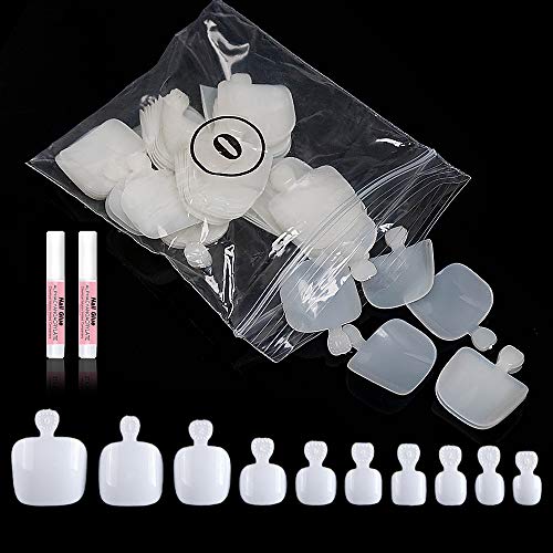 Buqikma 500pcs Fake Toenail Tips Set Acrylic Toe Nails Tips Full Cover False Toe Nail Tips with 2 Bottles Glue for DIY Toe Nail Tip & Manicure (Natural)