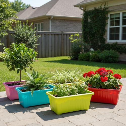 Image of Bianco Rectangular Plastic Pots for Plants, Jupiter Flower Pots for Home, Window Display, Garden (35 x 18.5 x 15 cm) (Multicolor) (Pack of 5)