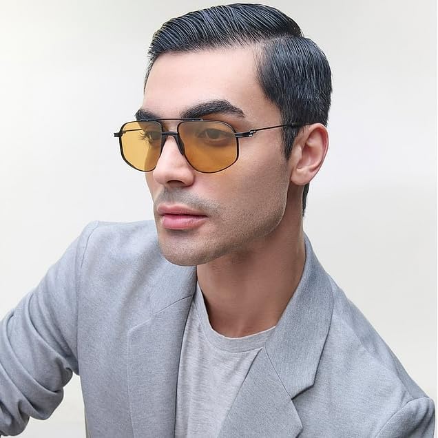 Image of Polarized and 100% UV Protected Collection | Black Yellow Full Rim Hexagonal Branded and Stylish Sunglasses | For Men & Women | LENSKART PATRIOT x ISRO | Large | LKS000457