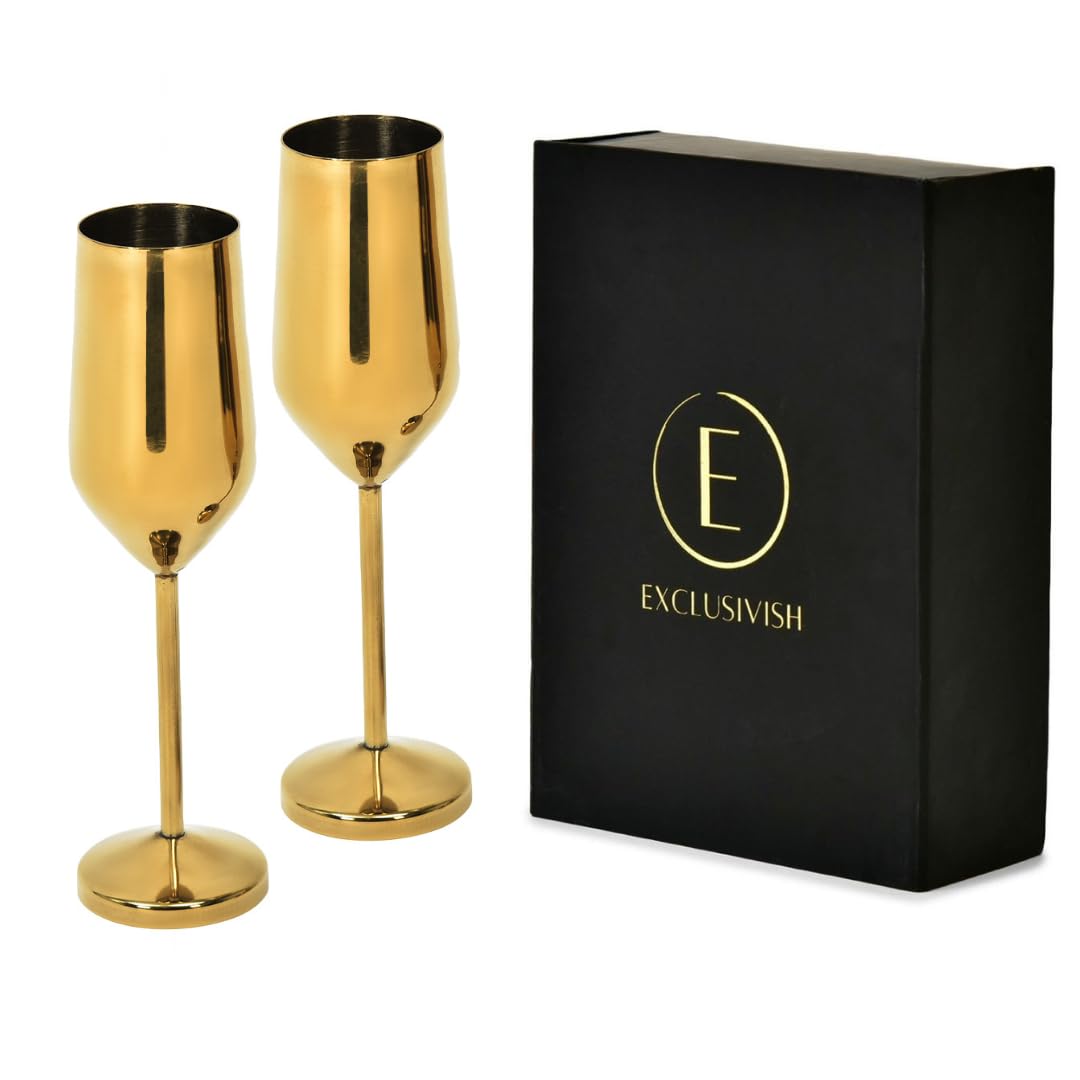 Exclusivish Champagne Glass Set of 2 with Gift Box - PVD Gold Wine Glasses | Home Decor & Decoration Items for Living Room | Gifts for Women & Men for Weddings, Anniversaries & Birthdays
