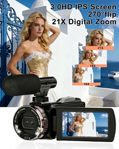 4K Camcorder Video Camera for YouTube, 64MP Vlogging Camera with 21X Digital Zoom, 3.0'' Rotatable Screen, LED Fill Light, External Microphone, Remote, 2 Batteries, 64GB Card - Image 6
