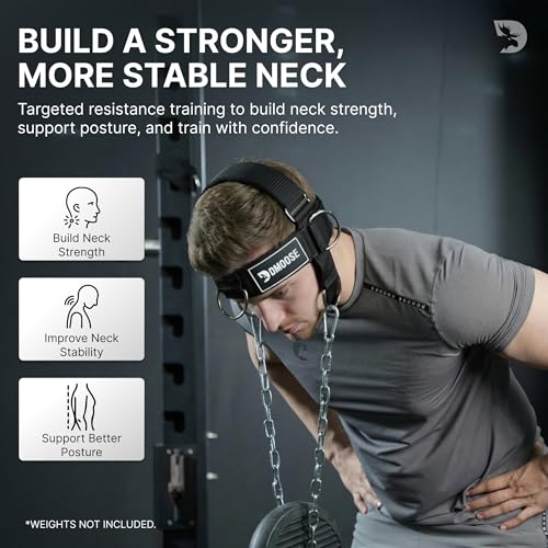 Image of DMoose Fitness Neck Harness Plus for Weight Lifting - Soft Padded Head & Chin Strap with 30 inch Heavy Duty Steel Chain, 2 Bands & Door Anchor - Neck Exerciser & Strengthener to Support Injury Recovery