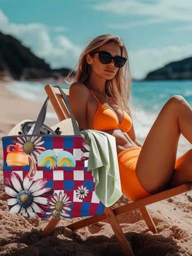 Mesh Beach Bag Oversized Tote Bags for Women 4th of July Daisy USA Flag Flower Large Travel Pool Bags with 8 Pockets4