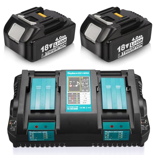 2 x 18V 4.0Ah BL1840B Batteries + 6A DC18RD Dual Port Charger Compatible with Makita Battery 14.4V-18V BL1850 BL1830 BL1860 BL1840 and DC18RD DC18RC DC18SF DC18RCT DC18RF Charger Cordless Power Tool