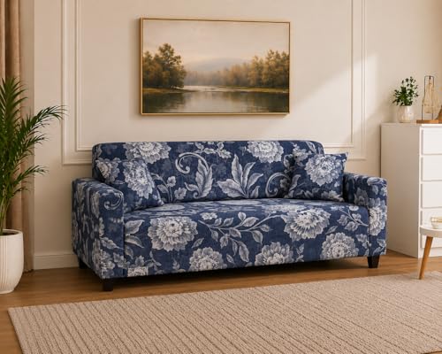 Image of Universal 3 Seater Sofa Cover Fully Covered Stretchable Spandex Non-Slip Elastic Slipcover | Soft Washable Fabric Sofa Protector for Living Room Furniture (Navy Grey Floral)