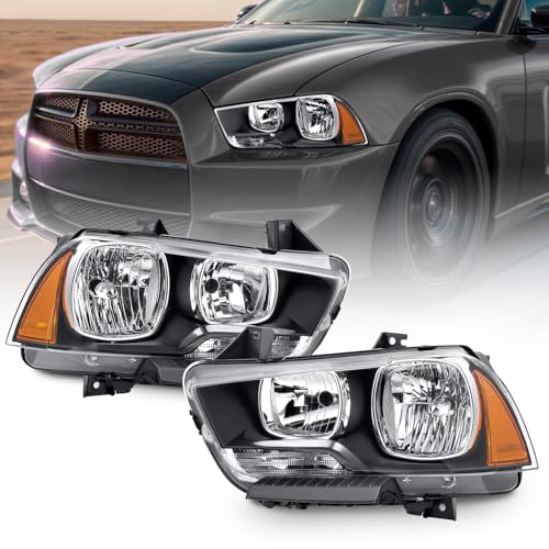 VRC For 2011-2014 Dodge Charger Headlights Halogen Pair Black Housing 11 12 13 14 Dodge Charger Replacement Headlamp Passenger and Driver Side Not Fitting HID model