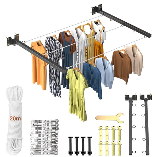 Lista de Tendederos tipo paraguas , tabla con los diez mejores. 45 Chugod Tendedero Plegable para Ropa con 5 Orificios | Tendedero Retráctil de Pared, Incluye 20 Clips y Cuerda de 20 m, Ideal para Espacios Pequeños, Departamento y Balcón-50CM