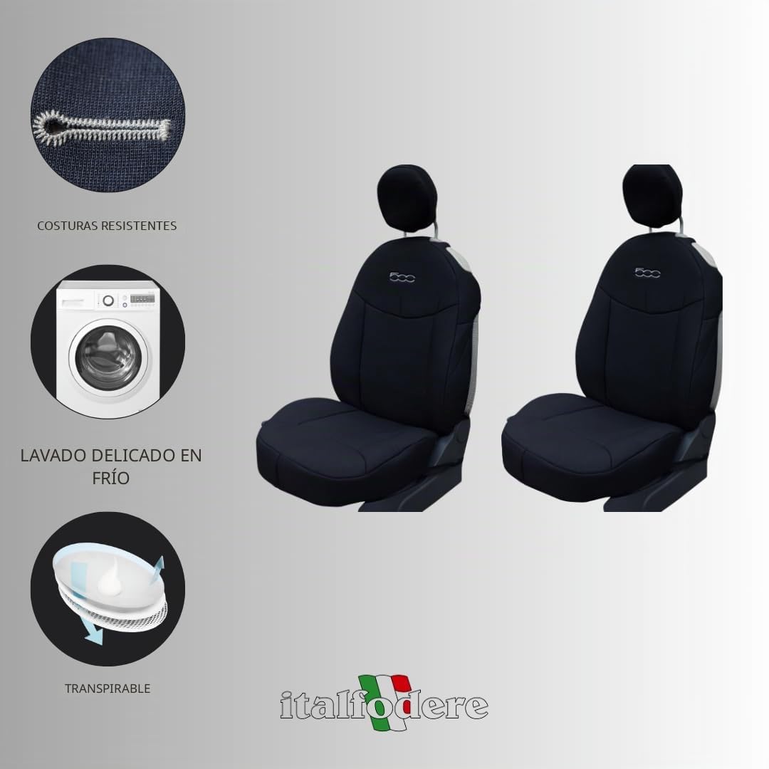 Italfodere - Par de fundas delanteras compatibles con Fiat 500 desde 2007 en adelante - Algodón acoplado - Hecho a mano - Elegantes y resistentes - Accesorios para el interior del coche - Made in