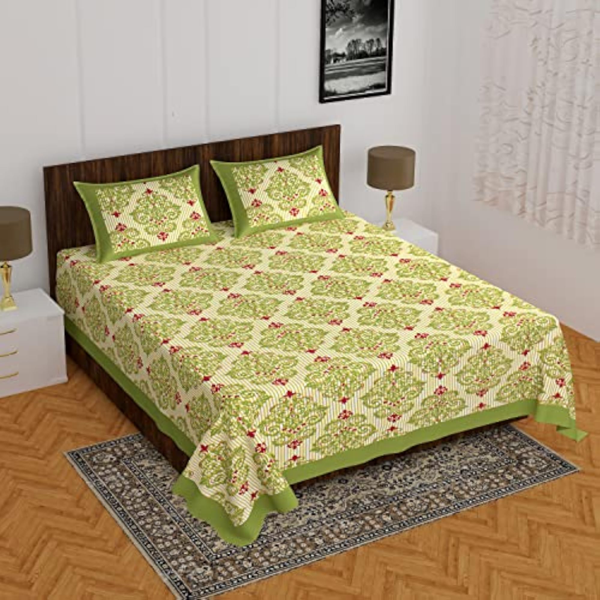 100% Cotton Rajasthani Jaipuri King Size Bedsheet with Pillow Covers