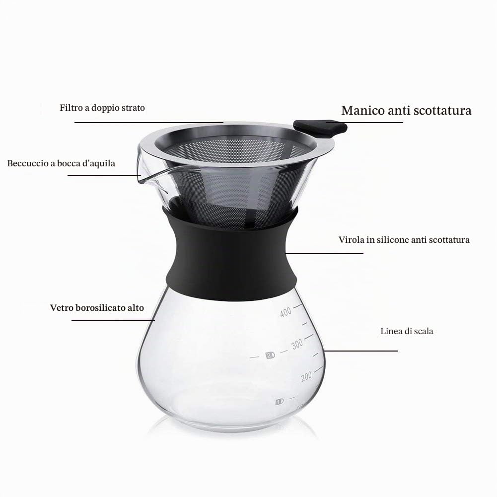 YunNasi Caffettiera Pour Over Coffee Maker Dripper Manuale per Fare il Caffè con Caraffa in Vetro e Filtro Permanente Riutilizzabile in Acciaio Inox Adatto per Polvere di Caffè Macinato,400ml