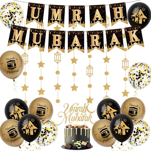 Umrah Mubara Decoration Banner Set -Black Gold Islamic Celebration Banners with Stars Moon Hanging Ramadan Cake Topper and Latex balloons for Muslim Eid Party Suppiles