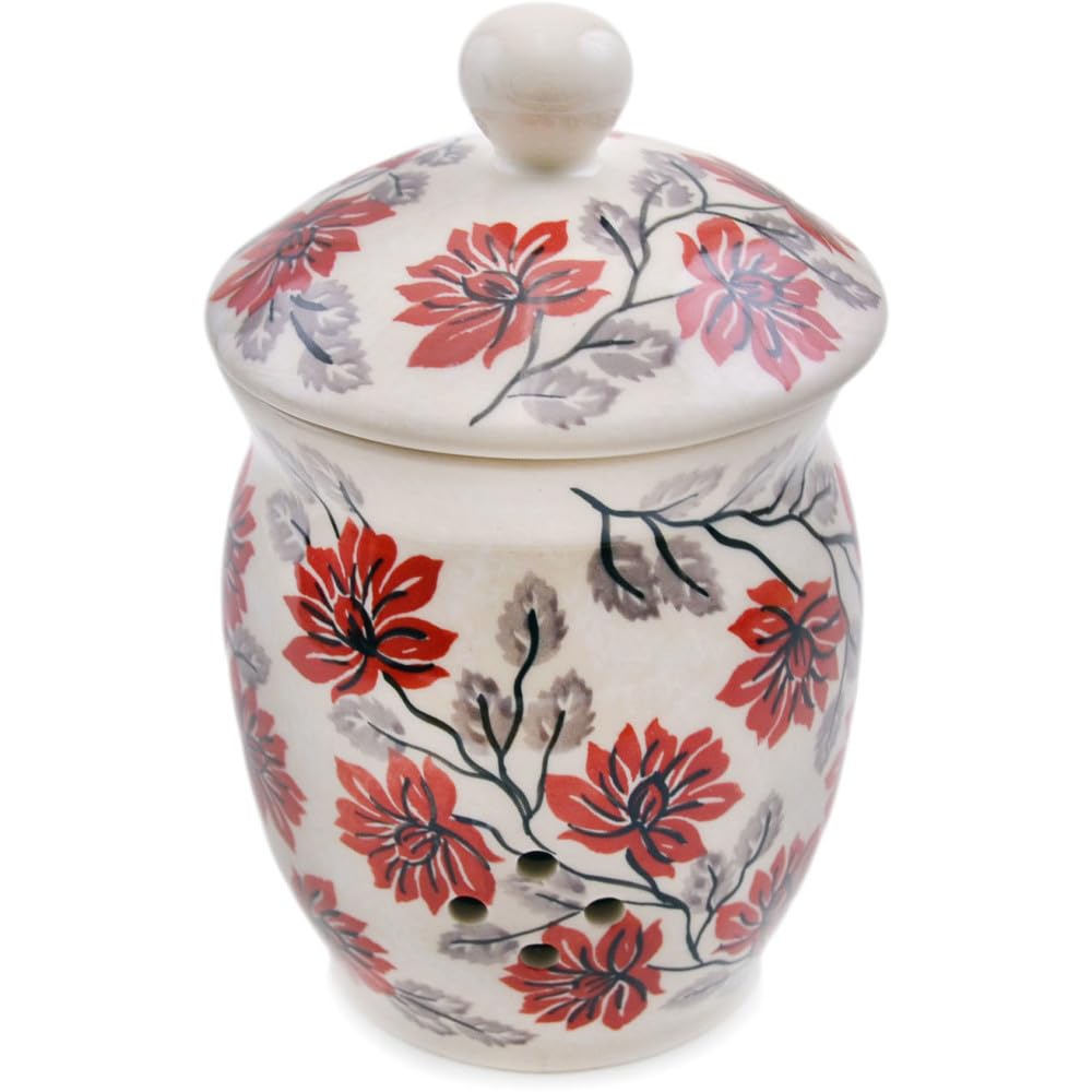 Authentic Polish Pottery Garlic and Onion Jar Signature UNIKAT in Red Bold Blooms Design Handmade in Boles?awiec Poland + Certificate of Authenticity
