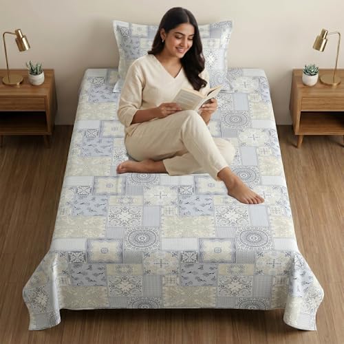 Image of Mafatlal 186 TC Metro Cotton Single Bedsheet | 90 x 60 Inch|Soft, Breathable & Lightweight | with Matching Pillow Cover| Morning Sky