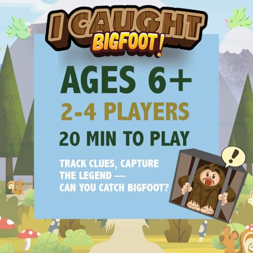 I Caught Bigfoot! - Collect Evidence to Catch The Elusive Bigfoot! Kids Game for Game Night, Family Games for Kids and Adults, Board Game for Family Night, 4 Wooden Pieces, 106 Playing Cards, Ages 6+