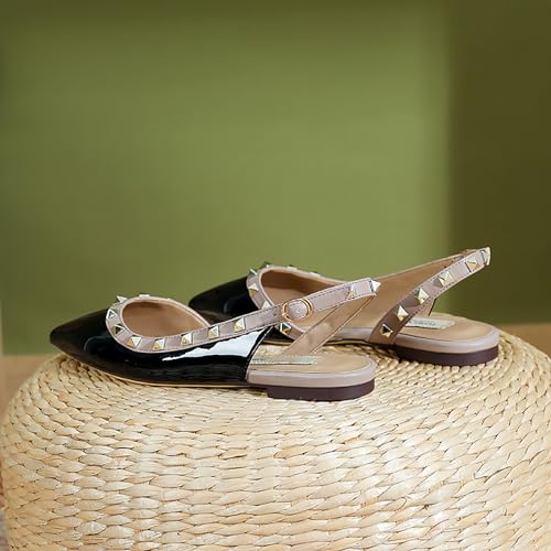 Helenbra Women's Rivet Pointed Toe Closed Toe Flats Sandals,Sexy Studded Adjustable Buckle Slingback Shoes Comfort Slip On Walking Travel Office Ballet Flat Shoes3