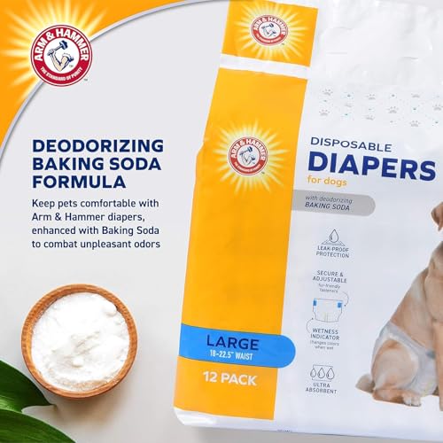 Image of Arm & Hammer for Pets Disposable Female Dog Diapers, Odor Control, Wetness Indicator, Leak-Resistant, Size Large 18-23 Inch Waist, 12 Count, 6 Pack