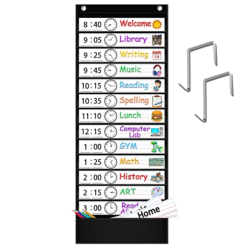Akayok Daily Schedule Pocket Chart, 13+1 Pocket Visual Schedule Chart, 18 Double-Sided Blank Reusable Dry-Eraser Cards, Educational Schedule Charts For Classroom Homeschooling Toddlers (Black)… #TOP1