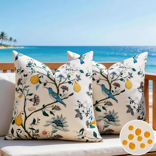 Housses de Coussin 40X40 Motif Printemps-Été Decoratif Fleurs Blanches Citron et Oiseaux Bleus...