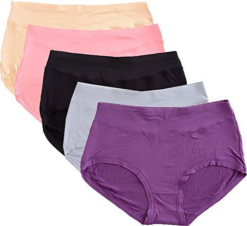 Warm Sun Women's Bamboo Viscose Fiber Multi Pack Plus Size Stretchy Soft Breathable High Middle Waist Panties Size S-3XL (9/2XL, Black,Gray,Purple,Skin,Rouge)