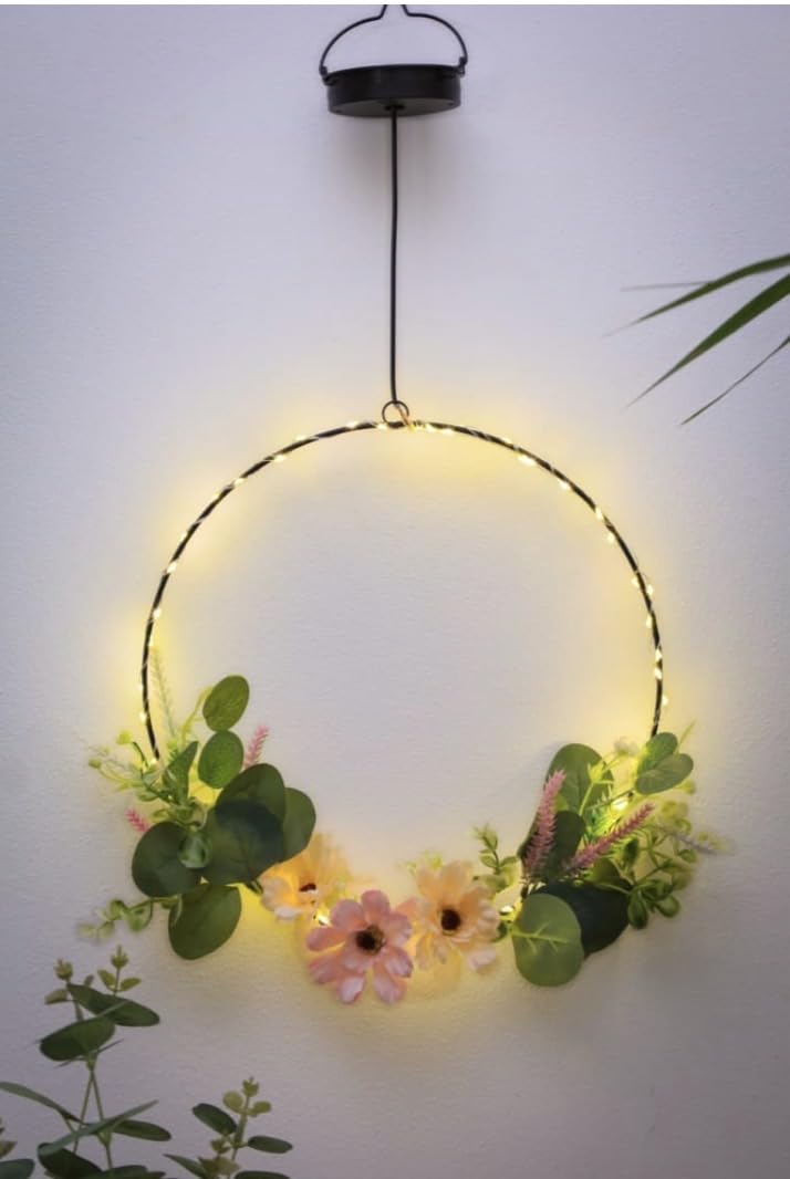 FAHAAM New||Solar Powered Floral Hanging Hoop with Warm White LED colour, Artificial Flowers and Greenery, Outdoor Garden Decor, x1 AAA rechargeable battery included||