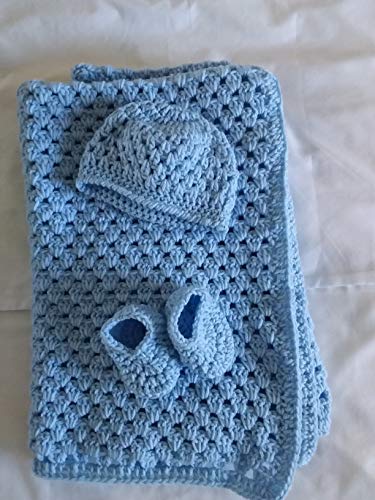 Crochet Blue Baby Blanket with Hat and booties,...