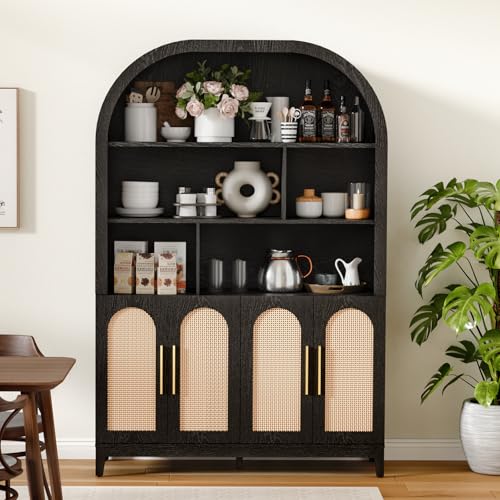 Image of 71 inch Arched Tall Wood Storage Cabinet - 5-Tier Rattan Door Pantry Organizer with Divider Shelf & Gold Handles, Versatile Bookcase for Living Room & Kitchen, Jet Black