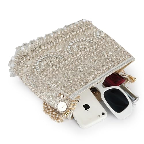 Image of Nevis Stylish Embroidery Unique Design Traditional Wedding Party Handheld Potli Bag For Women (SILVER)