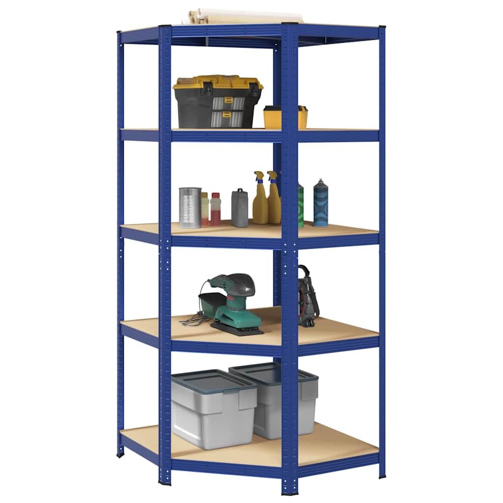 Scaffale angolare con 5 ripiani blu in acciaio e legno per garage