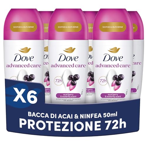 Dove, Deodorante Roll On Advanced Care Açai, Antitraspirante, Formula Delicata Con Tripla Azione Idratante, Protezione Fino a 48 Ore, Unisex, 6 Pezzi da 50 ml