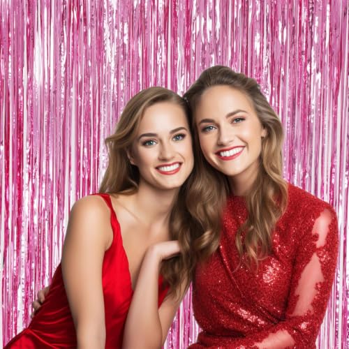 Image of DECOCKRAT 3 Pack Foil Fringe Backdrop - Pink Shiny Tinsel Curtains for Party Decoration /Photo Booth Props - 3.3x8.2 FT Metallic Foil Backdrop for Birthday, Wedding, Graduation, Christmas.
