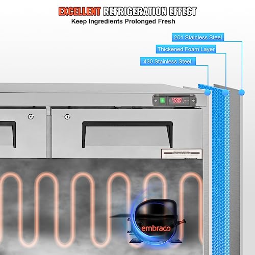 Image of VEVOR Commercial Refrigerator, 48 inch Worktop Undercounter Refrigerator, 12.85 Cu. Ft Thick Stainless Steel Refrigerated Food Prep Station, 2 Door Worktop Fridge with lock for Restaurant, Bar, Diner | 2 Door Food Prep Table, Stainless Steel Refrigerated Salad Prep with Lock, Adjustable Racks, for Restaurant Bar Diner