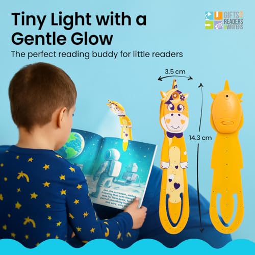 Image of Gifts for Readers & Writers Book Light for Kids, Clip On Reading Light for Bed, 2in1 Flexilight Pals & Bookmark, Small & Lightweight with a Soft Glow, 2 Batteries Included, Unicorn Yellow