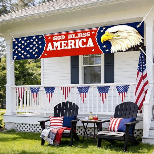 Image of BlissYard God Bless America Banner Patriotic 4th of July Decorations 118 x 20 inch Eagle National Independence Day Yard Sign Banner for Yard Fence Porch, Independence Day Decorations