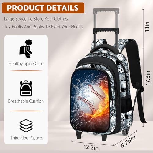 Boys Rolling Backpack for Kids - Baseball Kids Rolling Backpack with Wheels for Elementary Middle School Students - Sport Roller School Bookbag Aged 6-18, Wheeled Travel Bag Large Capacity3
