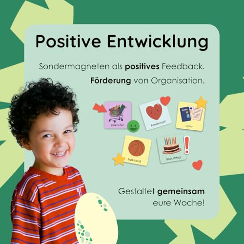 Rabano Art Wochenplaner für Kinder - [200 Magnete - ABWISCHBAR] - ADHS Hilfsmittel, System für Verantwortung und Selbständigkeit, Routine Montessori Magnettafel zur Wochenplanung, ’Dinosaurier’
