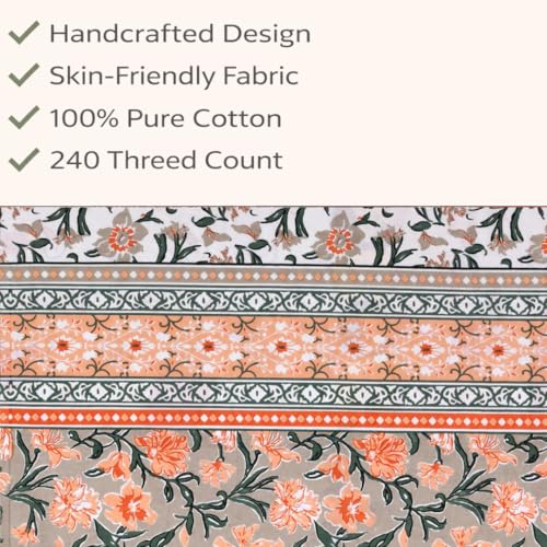 Image of elanorhomes 100% Cotton 240 TC Single Bed Sheet Set | Floral Hand Printed Bedsheet with Pillow Cover | Soft Breathable Summer Fabric for Bedroom | 60x90 Inches (Garden)