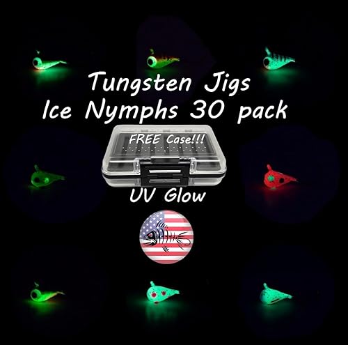 Plantillas de pesca en hielo con brillo UV de tungsteno, paquete de 30 ninfas de hielo, caja de aparejos gratis, incluida 0.157 in 1.1 gm #10
