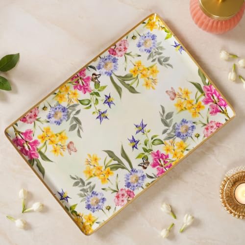 Image of Nestasia Serving Tray with Gift Box (33cm x 23cm) - Elegant Floral Print Platter with Golden Rim for Decoration & Gifting | Food Safe, Rust-Resistant & Premium Finish Tray - Perfect for Home Decor