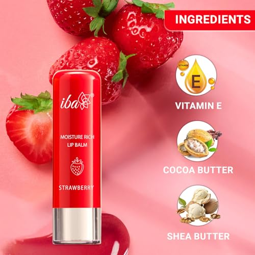 Image of Iba Pure Lips Moisture Rich Lip Balm - Strawberry, 4.5 g (Pack of 2) | For Pigmented, Dry Damaged & Chapped Lips | Enriched with Cocoa Butter, Shea Butter l Glossy Finish | 100% Natural | Halal Certified & Vegan Makeup