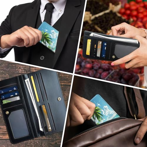 Slim Leather Long Wallet for Men & Women, Breast Pocket Wallet, Credit Cards Mens, Leather Wallets Bifold Wallets for Men RFID Blocking Bifold Stylish Wallet, Beach Coconut Trees2