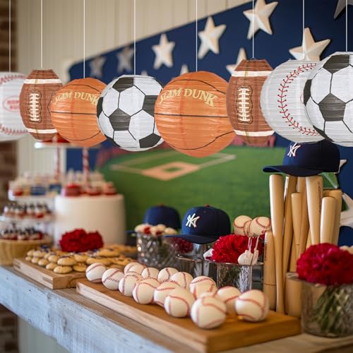 Image of UNIQOOO 8Pcs Sports Paper Lanterns Football Party Decoration Set, Large 12 Inch, Soccer Ball American Football, Baseball Basketball Japanese Hanging Lanterns, Reusable Game Day Kids Birthday Favors