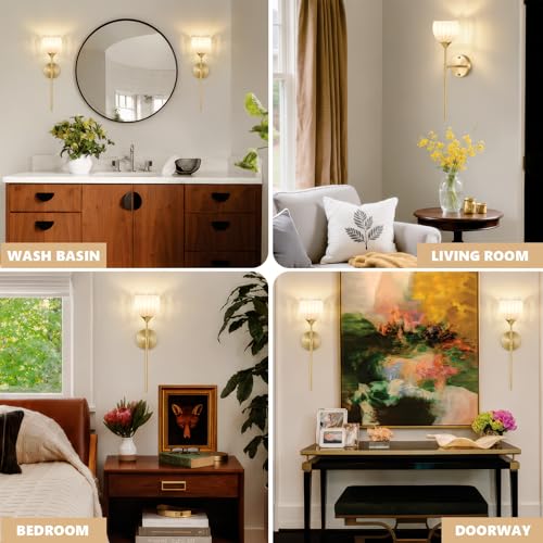 Image of Vintage Battery Operated Wall Sconce Set of 2, White Tulip Glass Lampshade Wireless 5300 mAh Rechargeable Battery Powered LED Wall Light with Remote Dimmable for Bedroom Bathroom Living Room