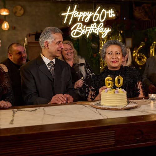 Image of Happy 60th Birthday Neon Sign For Birthday Party16.5 inch*10.5 inch Neon Happy Birthday Led Neon Light For Party Backdrop Wall Decor With Dimmable Switch Birthday Light Up Sign Birthday Gift