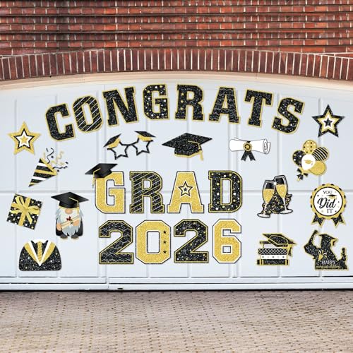 Image of Landhoow 30 Pcs Graduation Car Magnets 2026 Senior Graduation Car Decoration Bumper Sticker Congrats Grad Magnet Magnetic Refrigerator Decal for Grad Parade Party Supplies(Black, Gold)